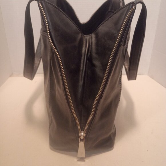 FRYE "Lena" Smooth Black Leather Tote Chunky SIlver ZIppers Detail, 3-Side Open - Picture 10 of 15